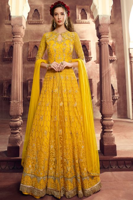 Golden Net Loom Anarkali Dress
